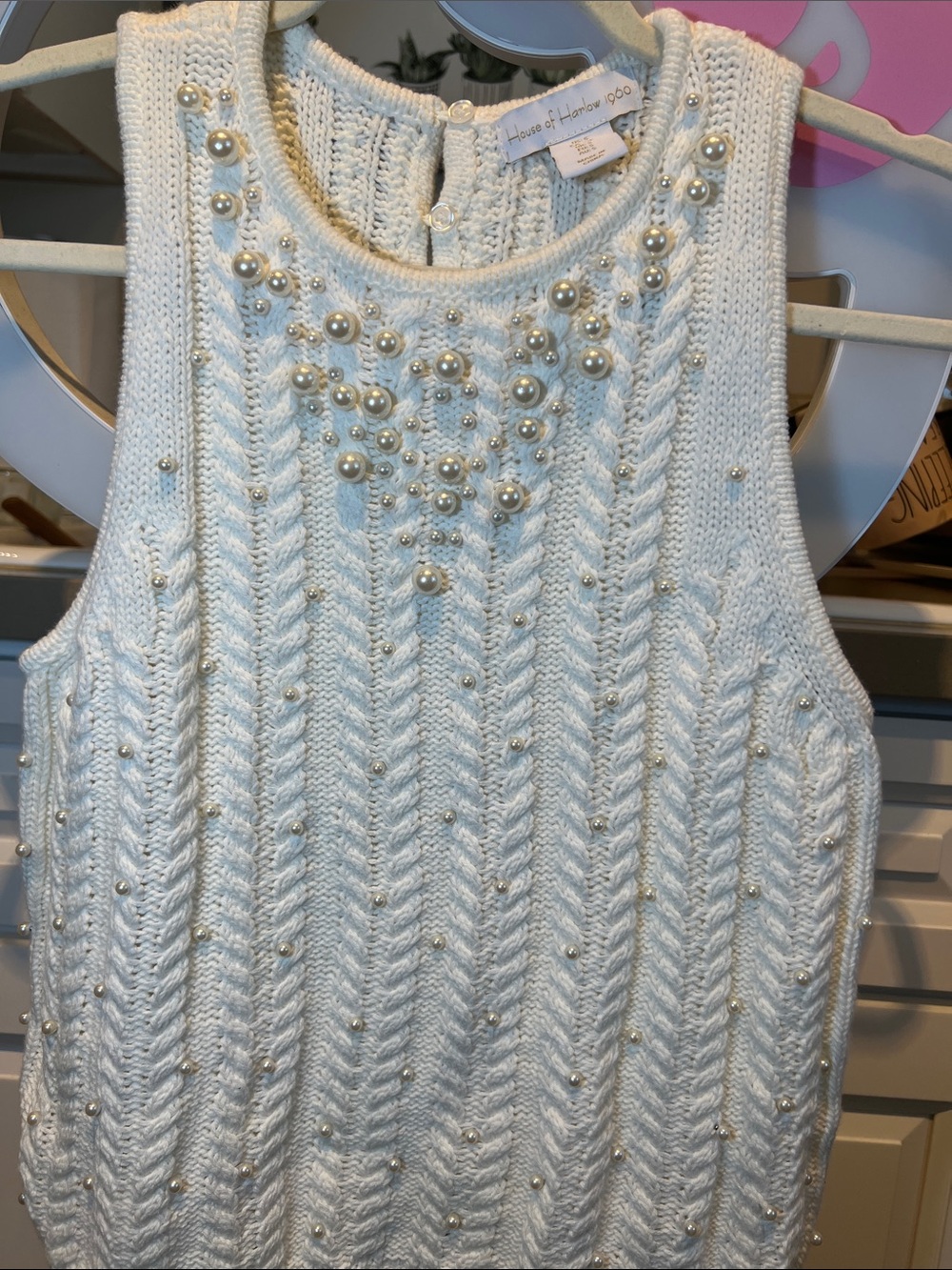 House of Harlow 1960 Cream Pearl-Embellished Cable Knit Sleeveless Sweater